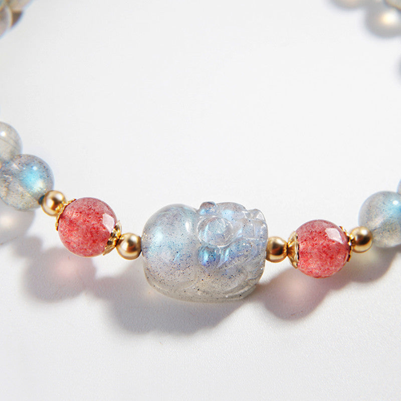 Wear FengShui Moonstone Strawberry Quartz PiXiu Healing Bracelet