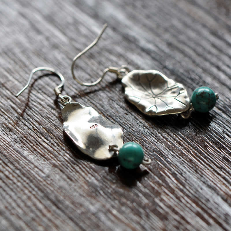 Wear FengShui 925 Sterling Silver Turquoise Lotus Leaf Protection Drop Dangle Earrings