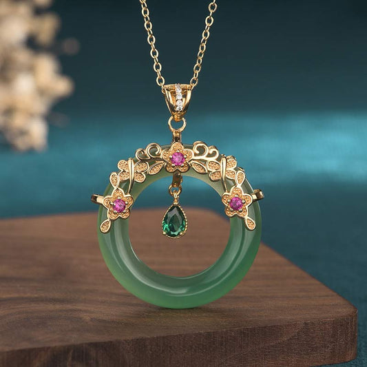 Wear FengShui Natural Round Cyan Jade Healing Necklace Pendant