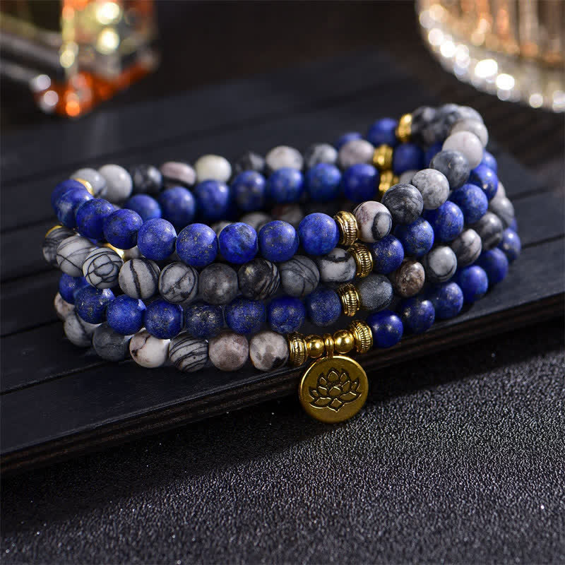 Wear FengShui Lazurite Picasso Jasper Amazonite Rhodonite Apatite Positive Lotus Prayer Bead Bracelet