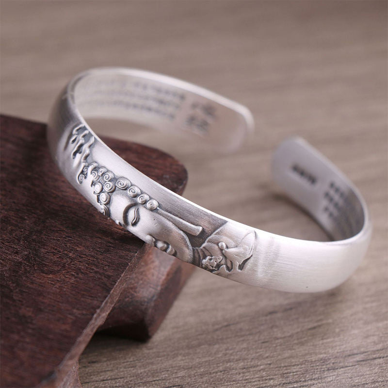 Wear FengShui 999 Sterling Silver Buddha Head Heart Sutra Serenity Bracelet Bangle