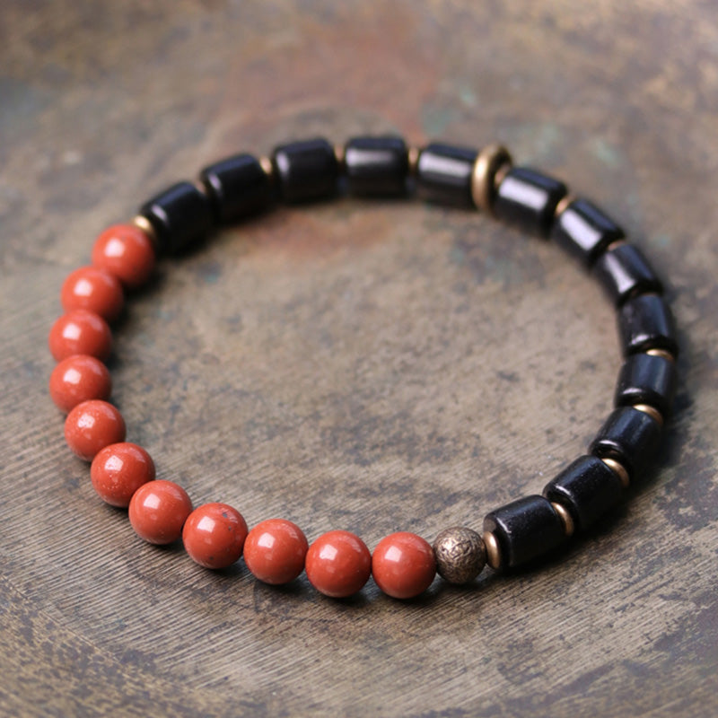 Wear FengShui Ebony Wood Red Jasper Moss Agate Crystal Copper Peace Couple Bracelet