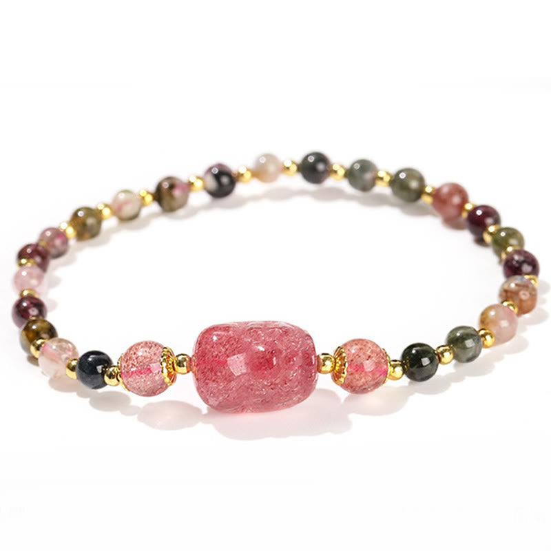 Wear FengShui Moonstone Strawberry Quartz Tourmaline PiXiu Healing Bracelet
