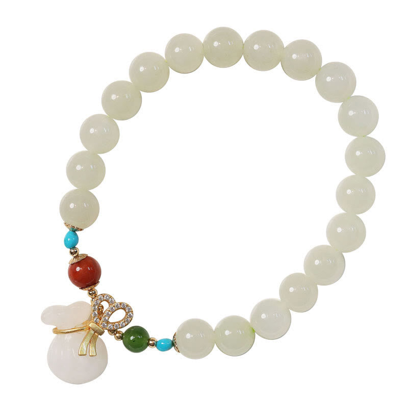 Wear FengShui Natural Hetian White Jade 14K Gold Plated Money Bag Blessing Bracelet