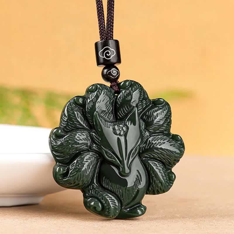 Wear FengShui Hetian Cyan Jade Nine Tailed Fox Luck Necklace String Pendant