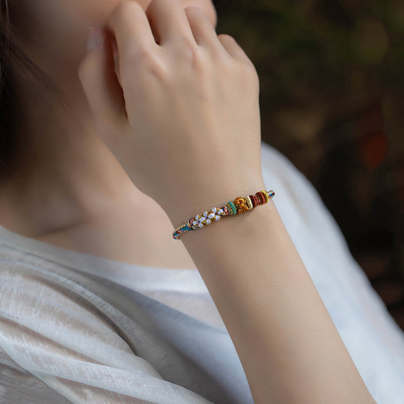 Wear FengShui Handmade Dunhuang Color Peach Blossom Pattern Braid String Bracelet