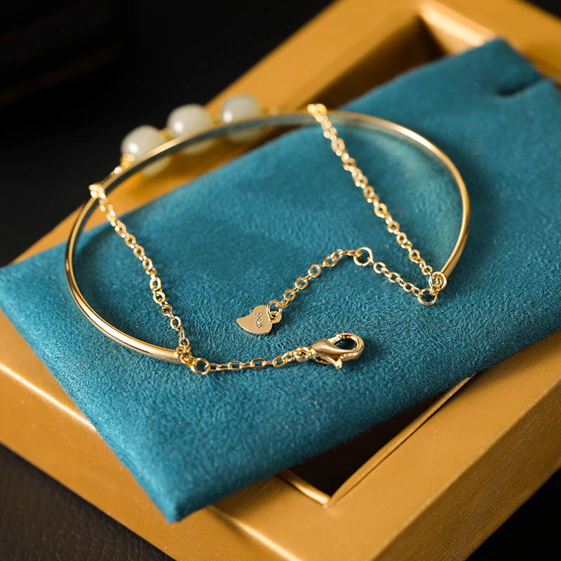 Wear FengShui Copper Plated Gold Hetian Jade Bead Luck Double Layer Bracelet Bangle