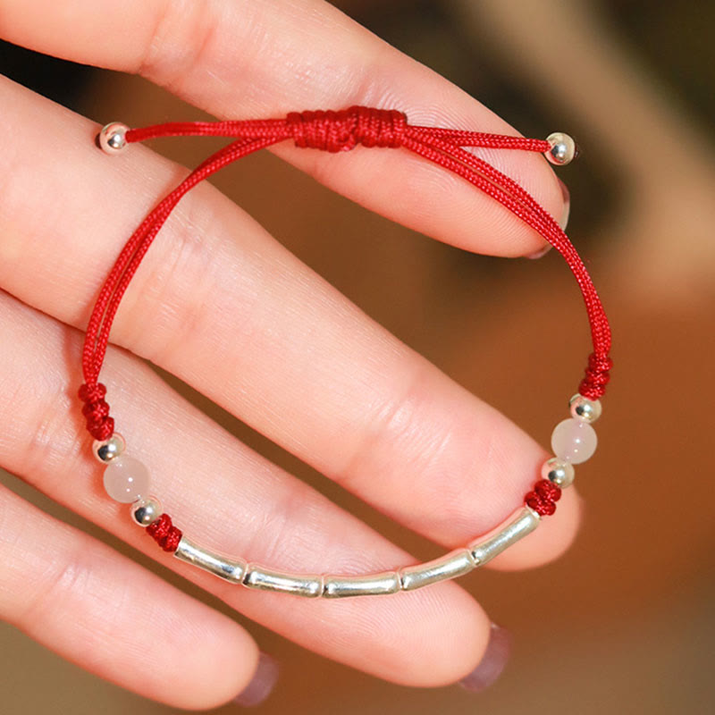 Wear FengShui 925 Sterling Silver Bamboo White Agate Red Agate Bead Protection String Braided Bracelet