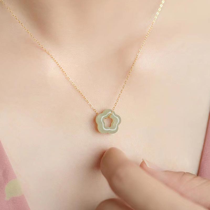 Wear FengShui Dainty Hetian Jade Cyan Jade Luck Floral Charm Necklace Pendant