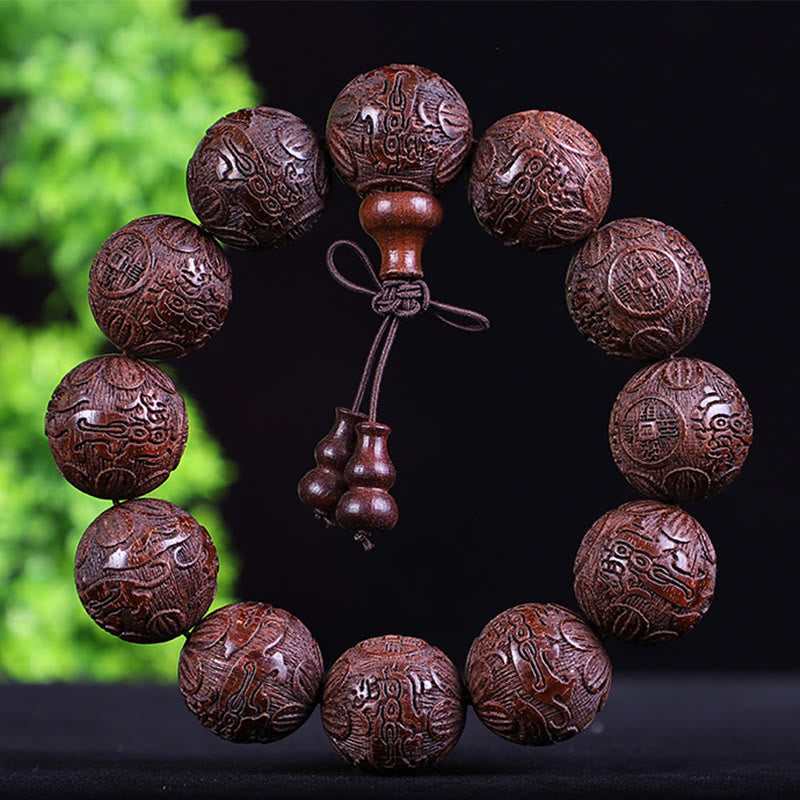 Wear FengShui Chinese Zodiac Rosewood Ebony Copper Coin PiXiu Carved Warmth Bracelet