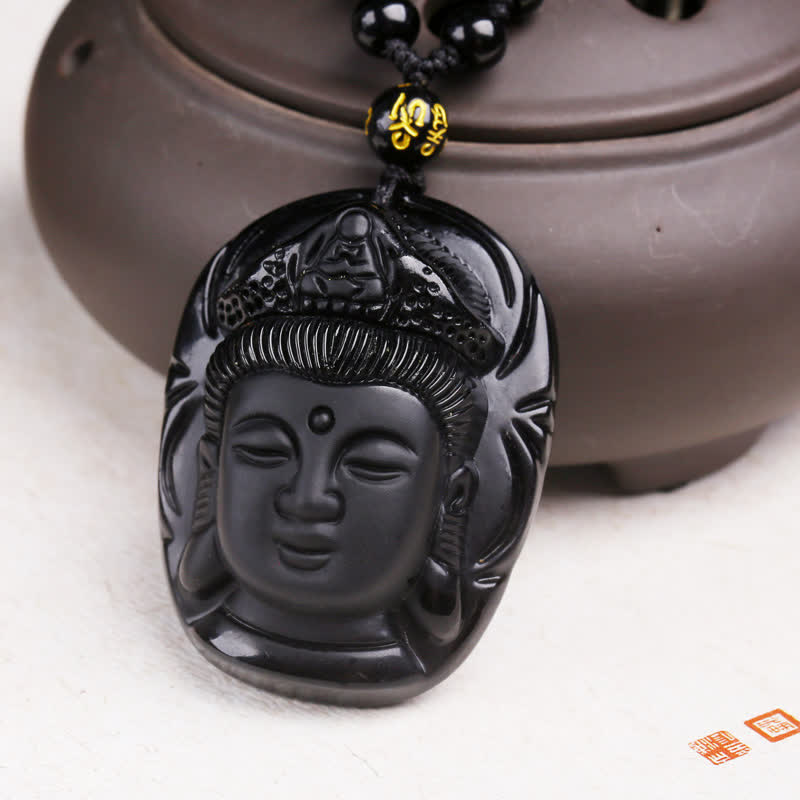 Wear FengShui Natural Black Obsidian Kwan Yin Avalokitesvara Strength String Necklace Pendant