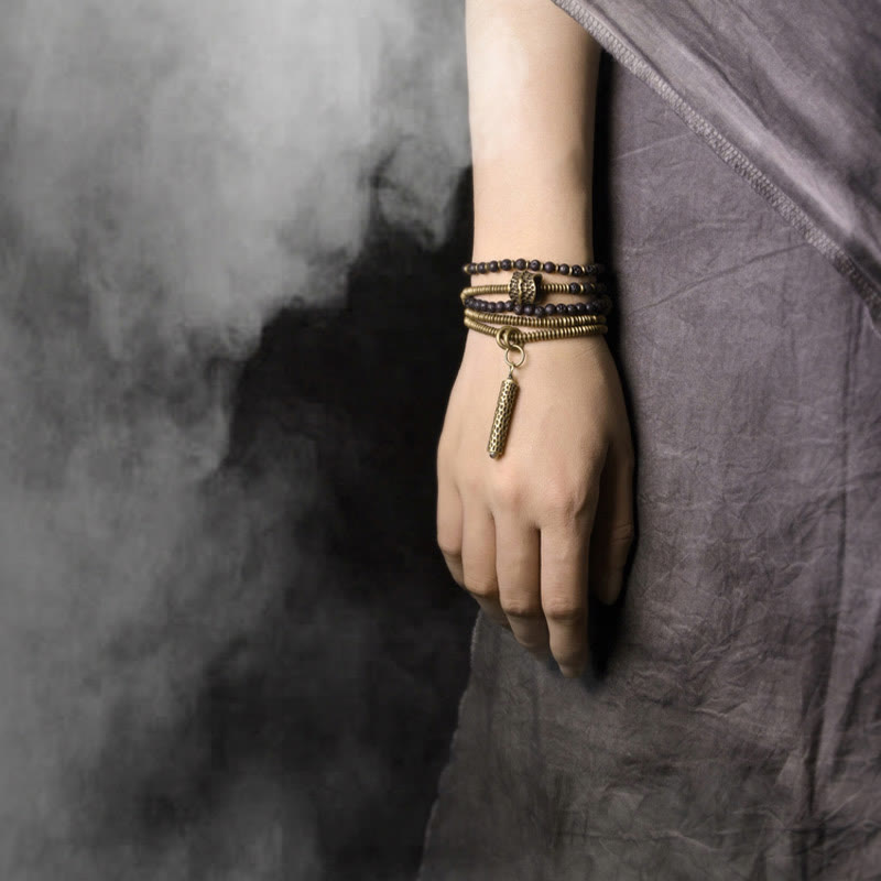 Wear FengShui Vintage Lava Rock Brass Copper Healing Multilayered Bracelet