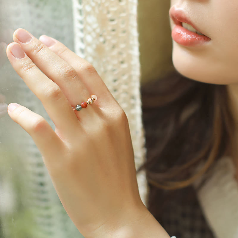 Wear FengShui 14k Gold Plated Copper Fu Lu Shou Crystal Peach Moonstone Happiness Wealth Ring