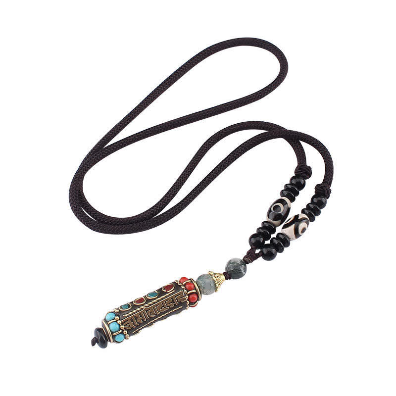 Wear FengShui Tibetan Om Mani Padme Hum Dzi Bead Wenge Wood Necklace Pendant