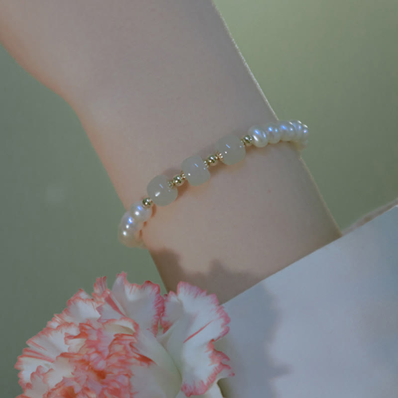 Wear FengShui 14K Gold Plated Natural Pearl Hetian Cyan Jade White Jade Sincerity Bead Chain Bracelet