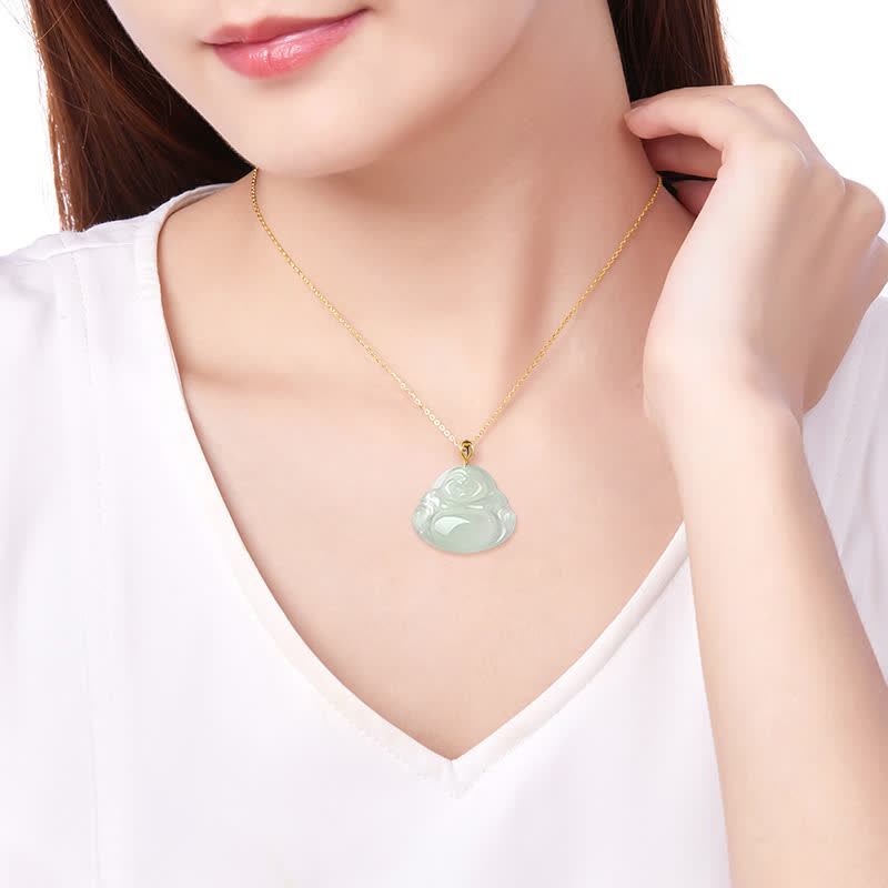 Wear FengShui Laughing Buddha Natural Jade Abundance Titanium Steel Chain Necklace Pendant