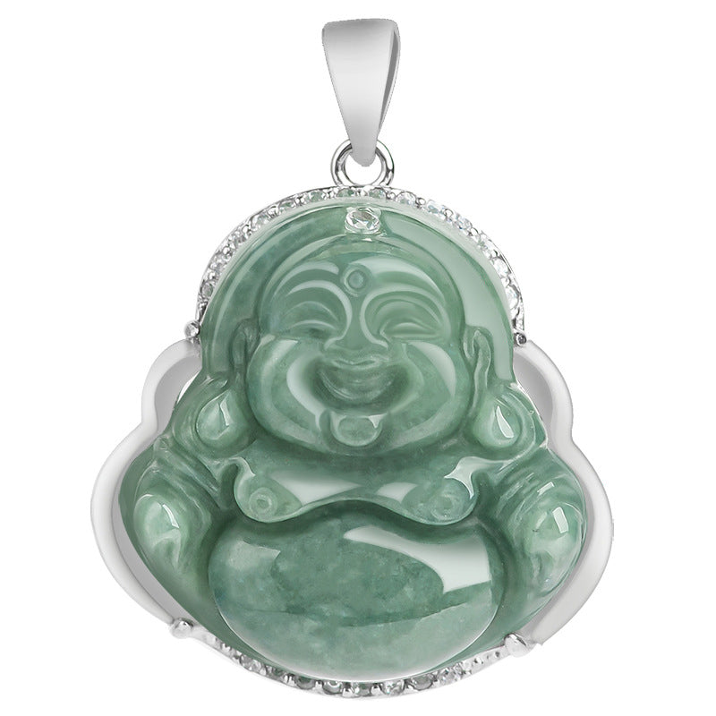 Wear FengShui Laughing Buddha Jade Abundance Necklace Titanium Steel Chain Pendant