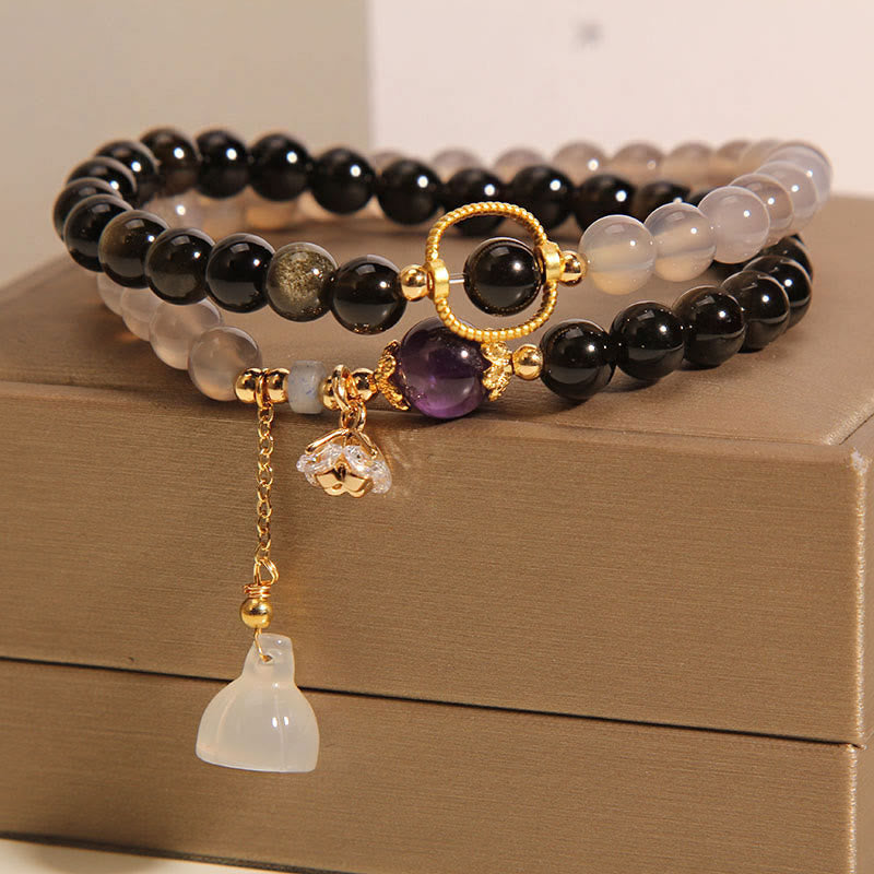 Wear FengShui Gold Sheen Obsidian Gray Agate Lotus Charm Strengthen Double Wrap Bracelet