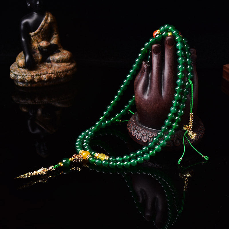 Wear FengShui 108 Beads Natural Green Agate Success Bracelet Mala