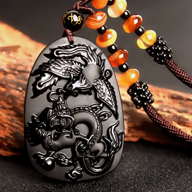 Wear FengShui Black Obsidian Tiger Eye Dragon Phoenix Protection Beaded Necklace Pendant