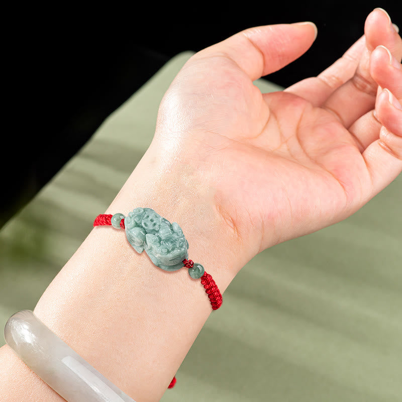 Wear FengShui Handmade Natural Jade PiXiu Protection King Kong Knot Braided String Bracelet