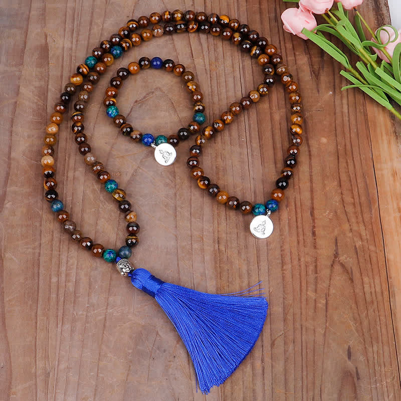 Wear FengShui 108 Mala Beads Tiger Eye Buddha Strength Bracelet Tassel Necklace Pendant
