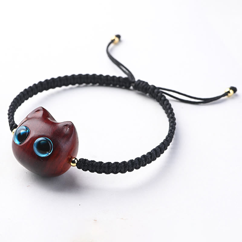 Wear FengShui Small Leaf Red Sandalwood Ebony Wood Cute Cat Head Calm Protection Braided Bracelet