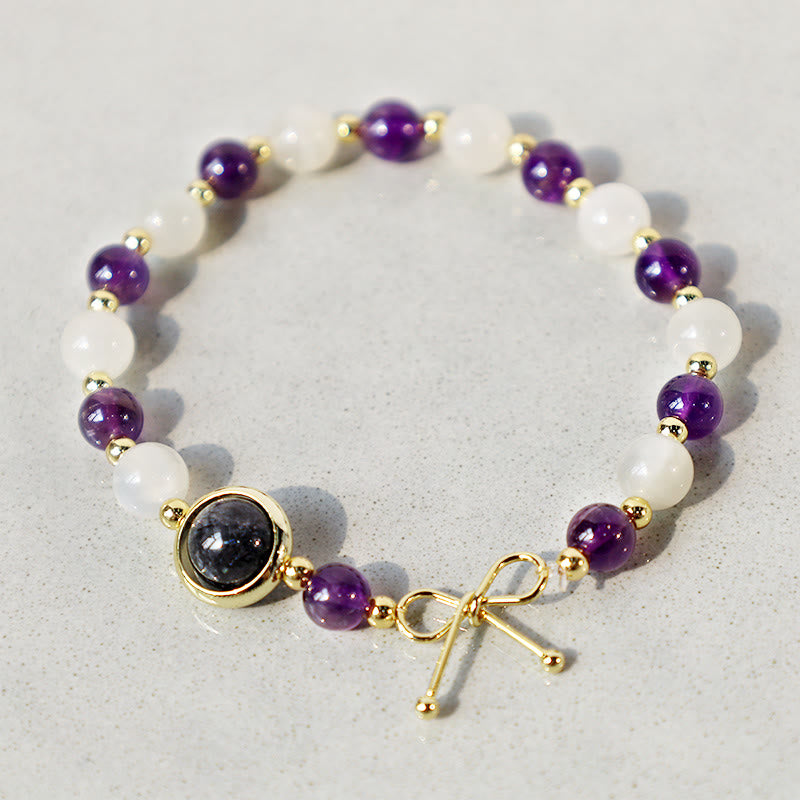 Wear FengShui Amethyst Cat Eye Black Rutilated Quartz Spiritual Bead Bracelet
