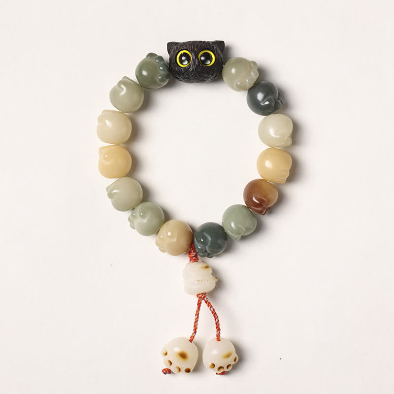 Wear FengShui Natural Bodhi Seed Lovely Paw Ebony Wood Lucky Cat Wisdom Bracelet