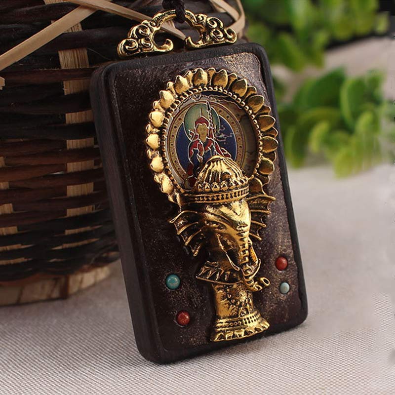 Wear FengShui Ebony Wood Elephant God of Fortune Buddha Blessing Necklace String Pendant
