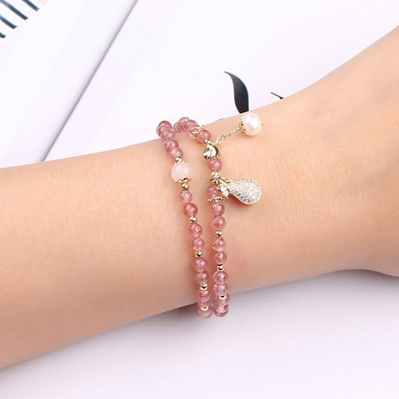 Wear FengShui Strawberry Quartz Money Bag Positive Charm Double Wrap Bracelet