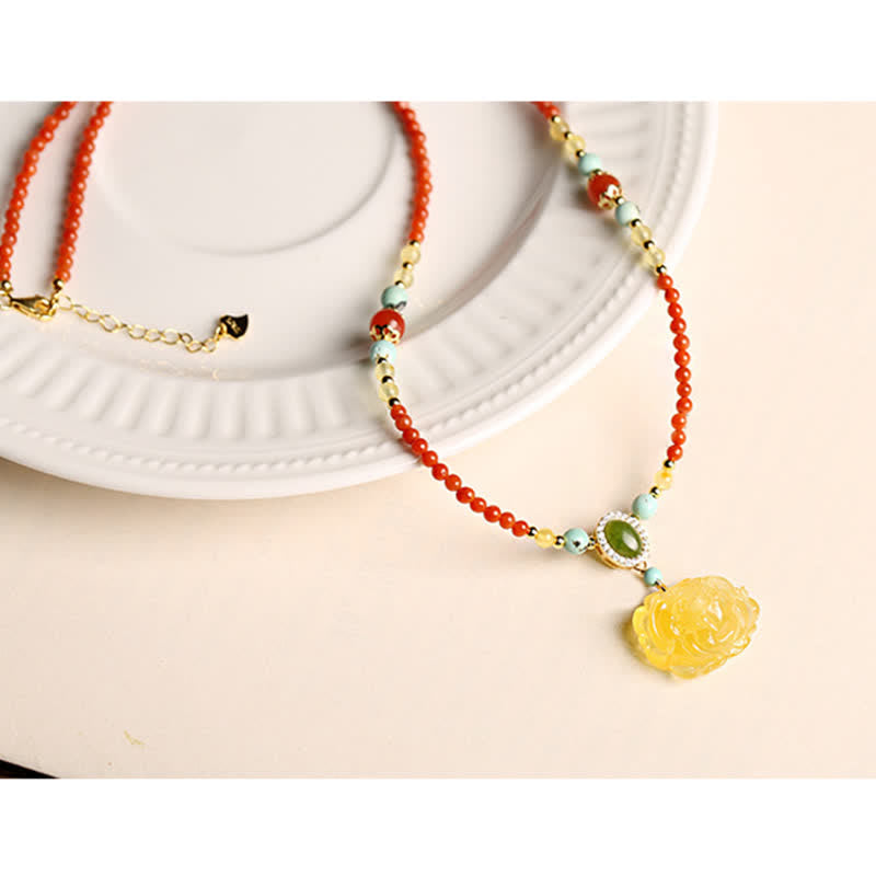 Wear FengShui 925 Sterling Silver Natural Red Agate Amber Peony Confidence Charm Necklace Pendant