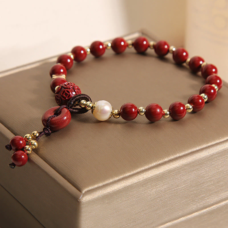 Wear FengShui Natural Cinnabar Peace Buckle Copper Coin Charm Blessing Bracelet