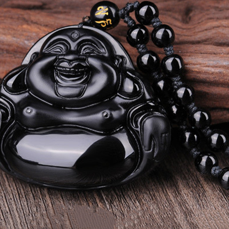 Wear FengShui Laughing Buddha Black Obsidian Transformation Pendant Necklace