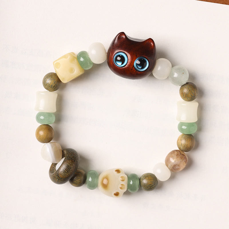 Wear FengShui Bodhi Seed Green Sandalwood Ebony Wood Small Leaf Red Sandalwood Cat Head Paw Claw Peace Bracelet