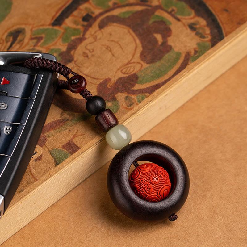 Wear FengShui Tibet Om Mani Padme Hum PiXiu Copper Coin Small Leaf Red Sandalwood Cinnabar Protection Key Chain