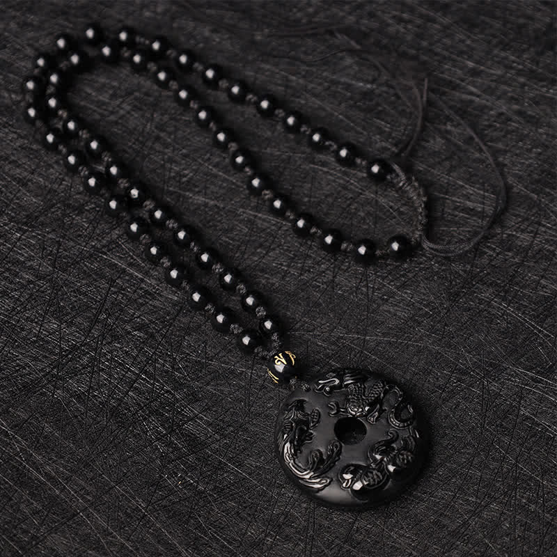 Wear FengShui Black Obsidian Dragon Phoenix Mandarin Duck Luck Protection Necklace Pendant