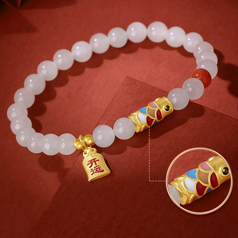 Wear FengShui 925 Sterling Silver Hetian White Jade Red Agate Koi Fish Luck Happiness Bracelet