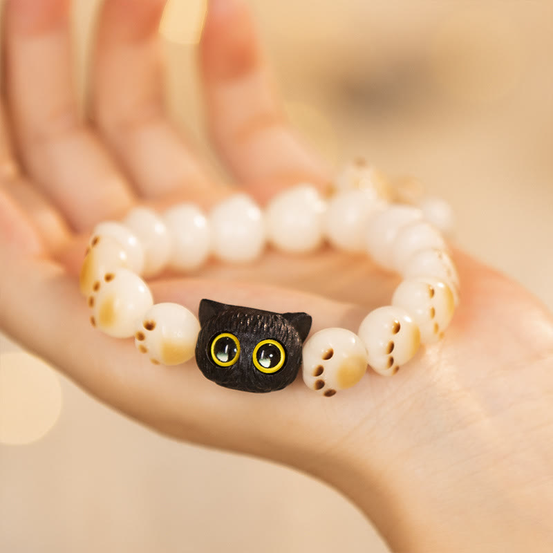 Wear FengShui Natural Bodhi Seed Red Sandalwood Lovely Paw Lucky Cat Peace Bracelet