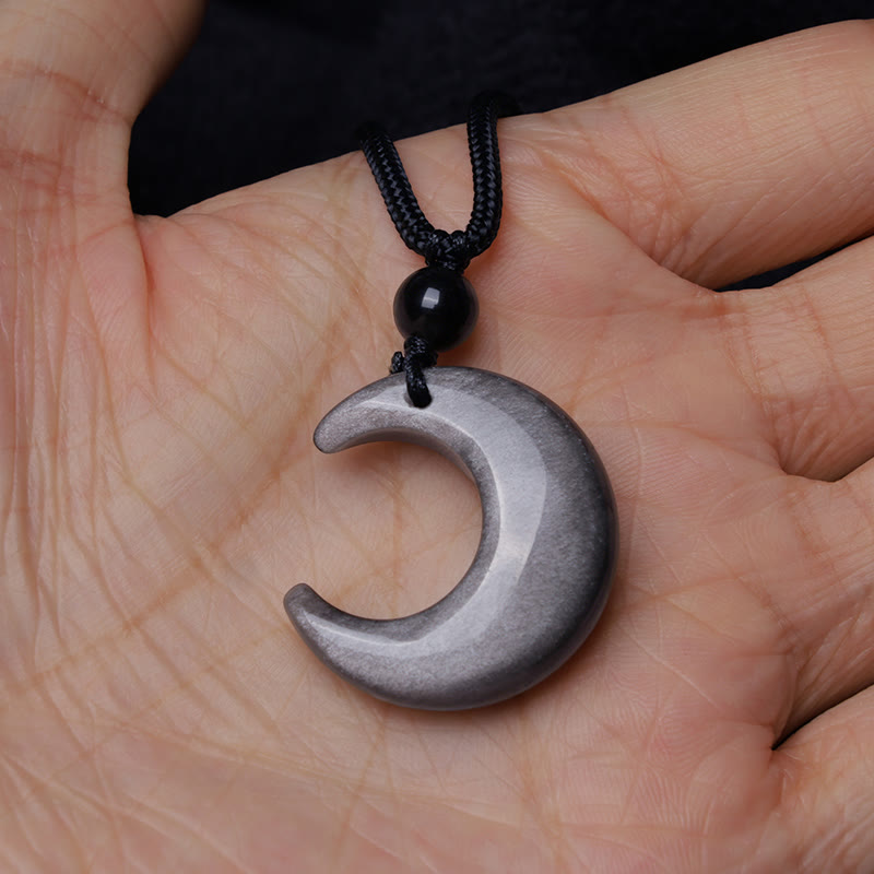 Wear FengShui Natural Silver Sheen Obsidian Selenite Crystal Crescent Moon Yin Yang Couple Protection Necklace Pendant