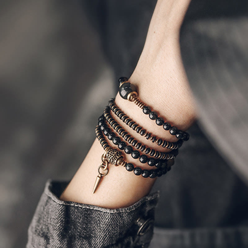 Wear FengShui Rainbow Obsidian Ebony Wood Copper Positive Multilayer Bracelet