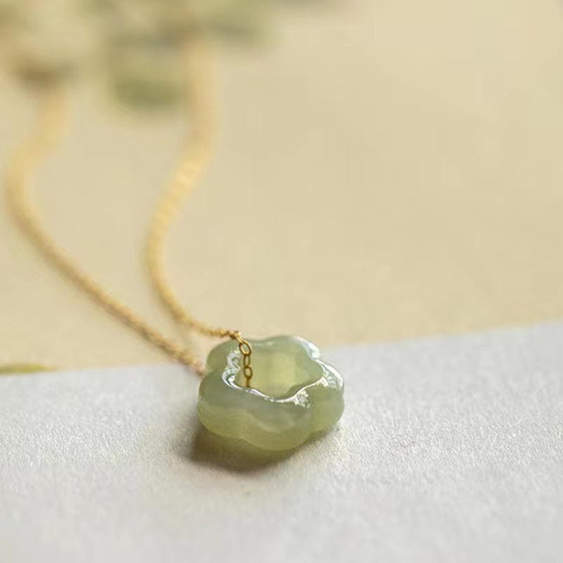 Wear FengShui Dainty Hetian Jade Cyan Jade Luck Floral Charm Necklace Pendant