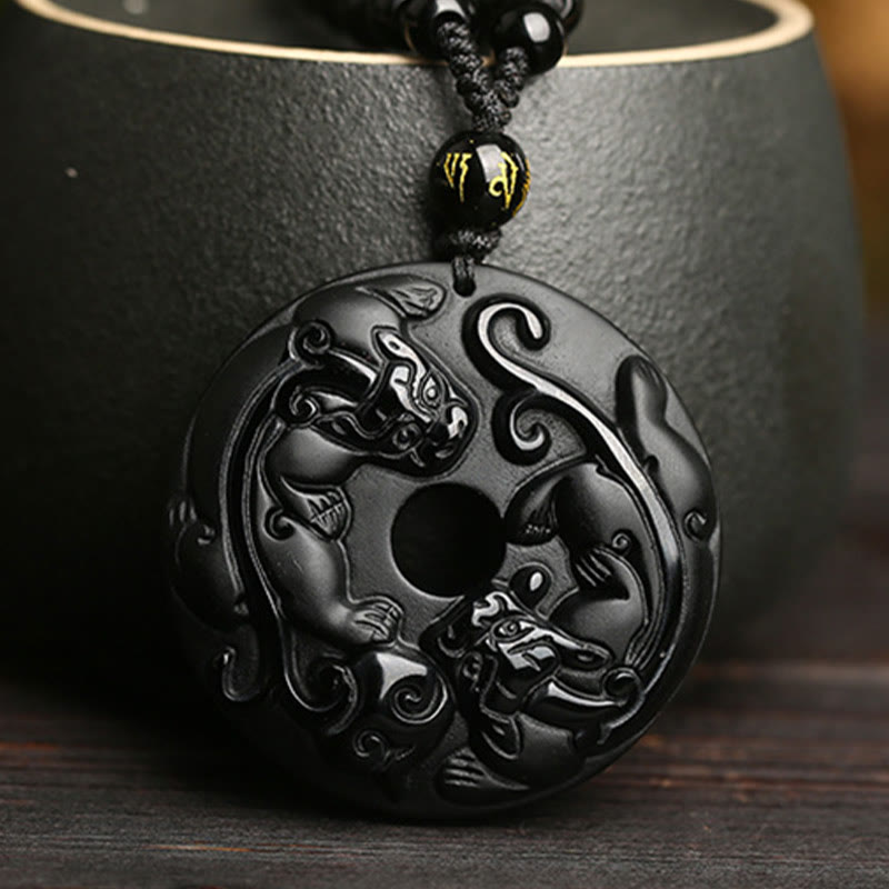 Wear FengShui Natural Black Obsidian Peace Buckle Pixiu Bead Rope Strength Necklace Pendant
