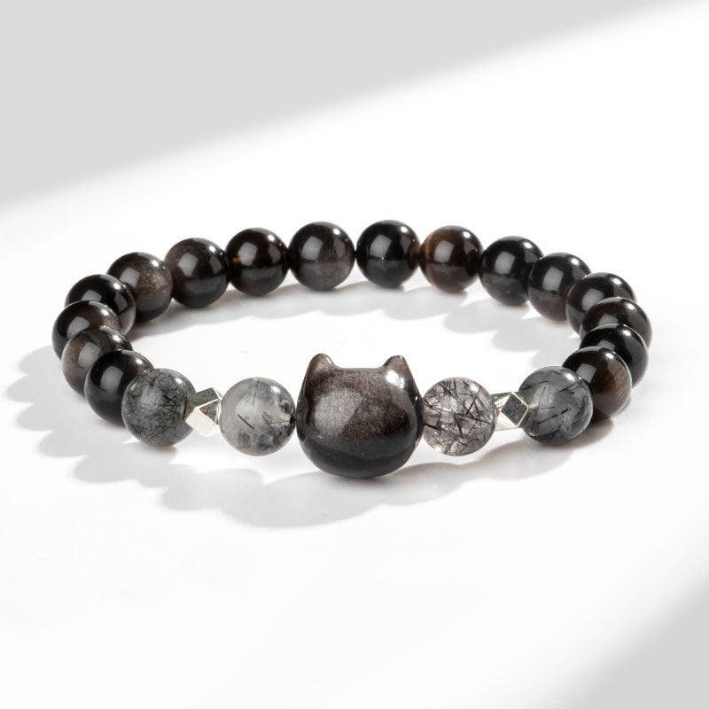 Wear FengShui Natural Silver Sheen Obsidian Cute Cat Head Protection Bracelet