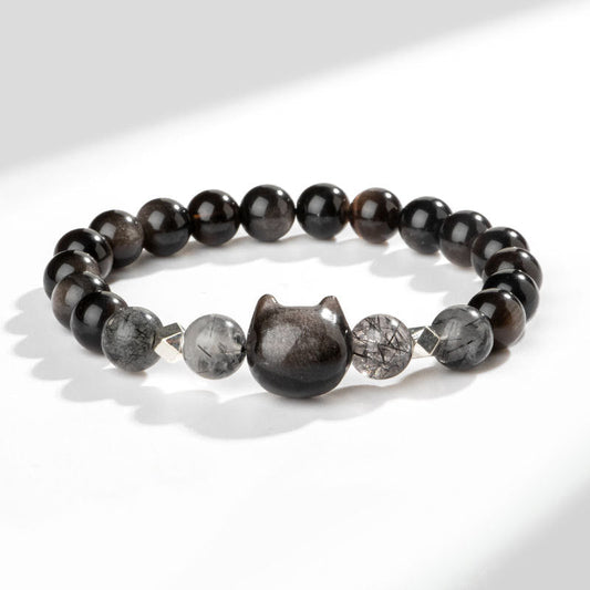 Wear FengShui Natural Silver Sheen Obsidian Cute Cat Head Protection Bracelet