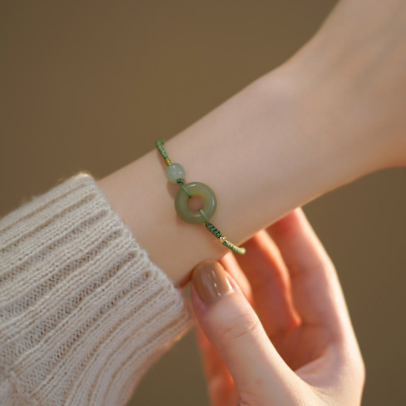 Wear FengShui Lotus Jade Peace Buckle Bead Luck Happiness Charm String Bracelet