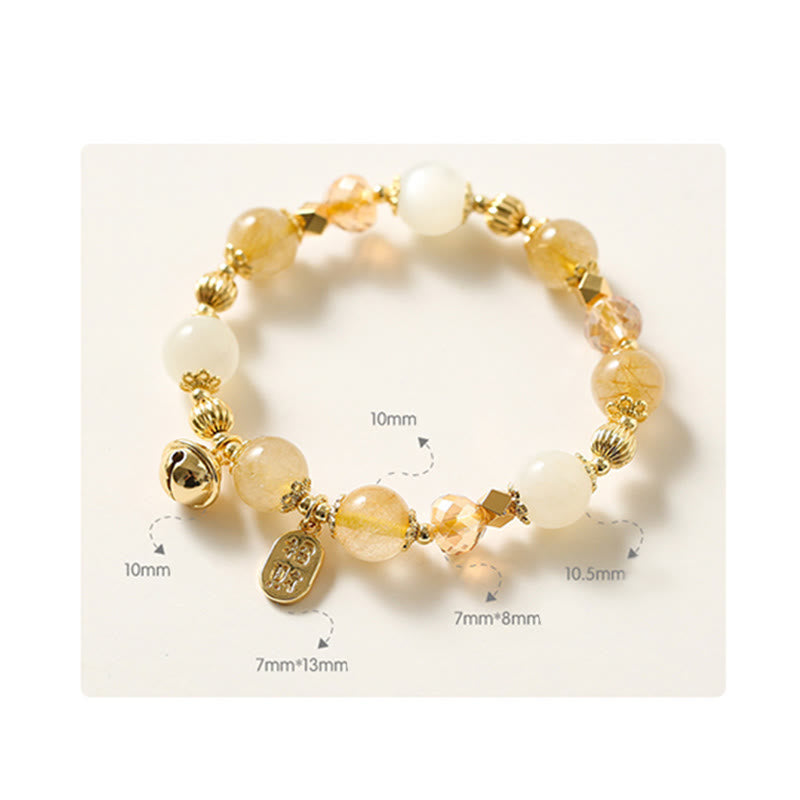Wear FengShui 14K Gold Plated Golden Rutilated Quartz Wealth Bell Lucky Fortune Charm Bracelet
