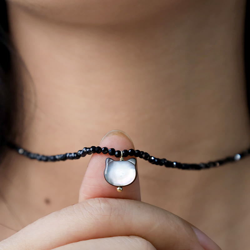 Wear FengShui Black Spinel Cute Cat Motivate Choker Necklace