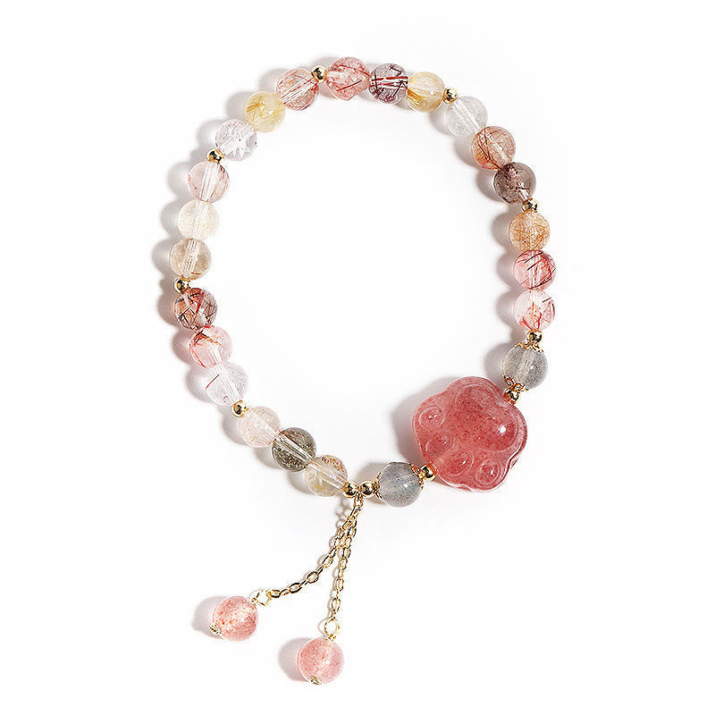 Wear FengShui Natural Strawberry Quartz Cat Paw Claw Colorful Rutilated Quartz Moonstone Love Bracelet