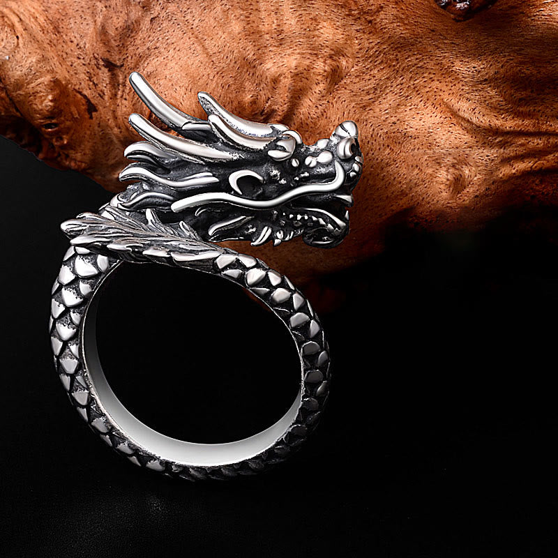 Wear FengShui 990 Sterling Silver Vintage Dragon Design Luck Protection Strength Adjustable Ring